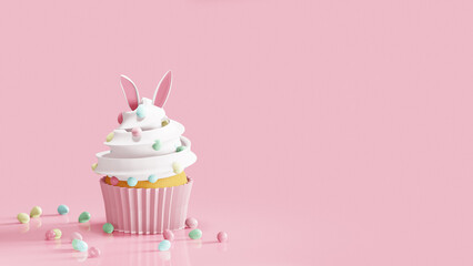 Easter cupcake decorated bunny ears and egg candies. 3D render