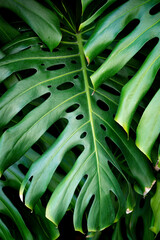 Naklejka na ściany i meble Jungle wall background. Green tropical palm leaves with monstera foliage forest.