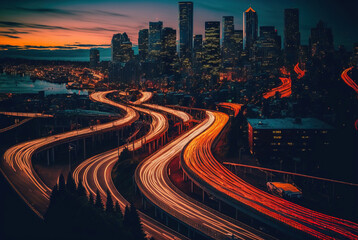 Background double exposure of night traffic in a modern city, in red orange colors, red sunset, night. AI