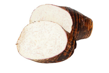 Taro. Fresh taro slice old (colocasia esculenta). Taro fragrant is a large head type. Boiled and eaten with a pleasant smell.  clipping path. Popular all over world.Isolated on cutout PNG.