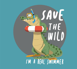 Fototapeta premium an example of a crocodile going for a swim. the crocodile that goes snorkeling and swimming with a lifeline