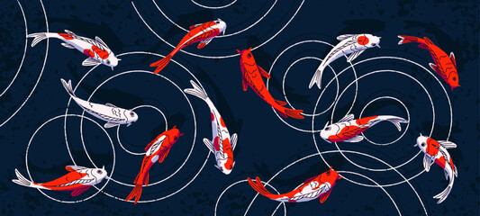 Koi carps swimming in water. Japanese Asian fishes in zen garden pond. Japan oriental aqua animals in river, panoramic view. Traditional peaceful eastern nature, colored flat vector illustration