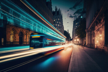 a city street with a bus and cars moving fast at night time with long exposure of the lights on the street. AI