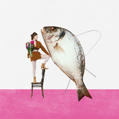 Stylish girl and huge raw fish. Contemporary art collage. Concept of weird people, creativity, degustation, surreal art, retro style. International women's day