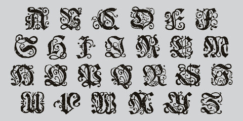 Blackletter alphabet. Medieval drop caps. Vintage illuminated initials set. Horror gothic icon font.