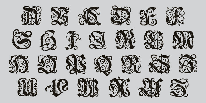 Blackletter alphabet. Medieval drop caps. Vintage illuminated initials set. Horror gothic icon font.