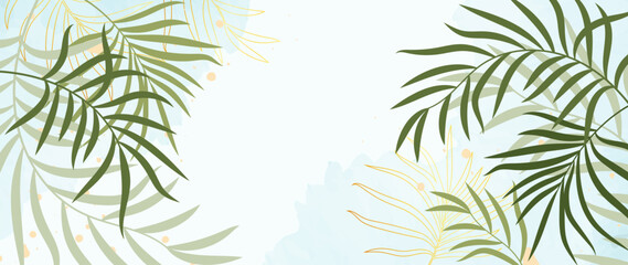 Botanical background design with golden leaves, palm leaves and watercolor. Luxury tropical jungle illustration for banner, poster, fabric, packaging and wallpaper. 