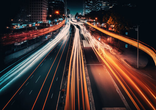 a city street with a bus and cars moving fast at night time with long exposure of the lights on the street. AI