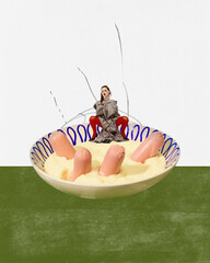 Food pop art photography. Surrealism. New ideas, crazy mood. Contemporary art collage. Concept of creativity, degustation, surreal art, retro style.
