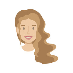 Girl face flat. Friendly young woman with long wavy brown hair. Hand drawn vector illustration.