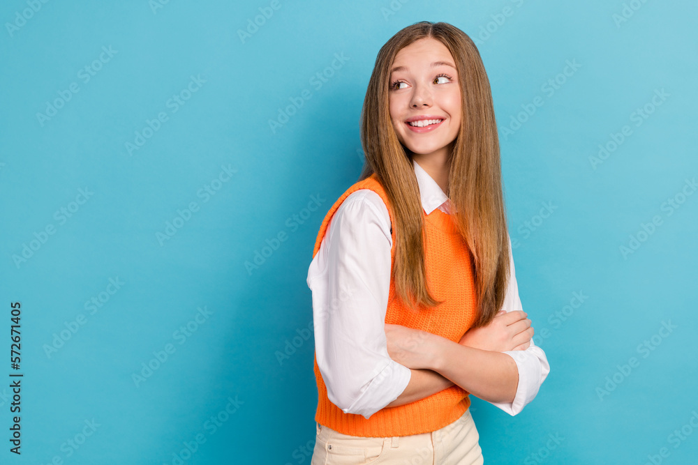 Sticker photo of young cheerful positive charming girl teenager folded arm look interested empty space open 