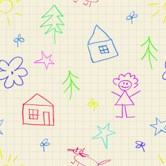 Doodles. Primitive child drawingon sheet of a notebook. Seamless pattern.