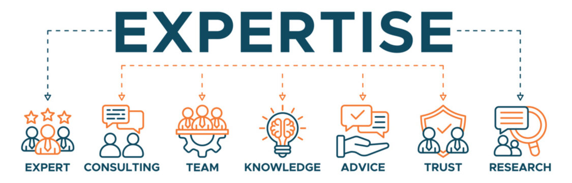 Expertise banner web icon vector illustration concept representing high level knowledge and experience with an icon of expert, consulting, team, knowledge, advice, trust, and research