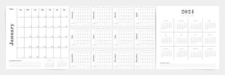Calendar template for 2024 year. Week starts on Sunday. Minimal planner place for notes. Corporate or business calendar. Spiral 2024 calendar planner with notes. English calendar 2024. 