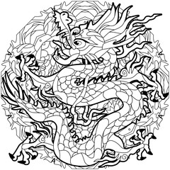 Zentangle dragon on mandala for coloring. Hand drawn decorative vector illustration