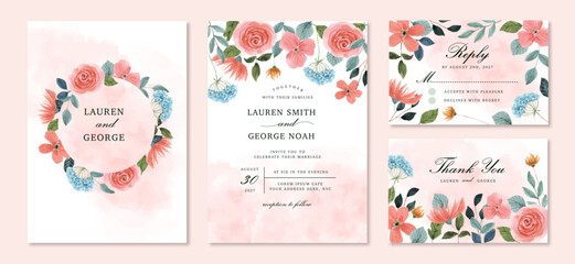 Fototapeta na wymiar wedding invitation set with peach blue watercolor floral frame