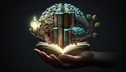 A dimly lit hand holding a brain, books, a bulb, and leaves, all seeming to come from the brain. The brain sits on a book, suggesting knowledge is expanding from both sources.