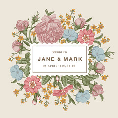 Wedding invitation. Beautiful blooming flowers. Vintage greeting card. Frame. Drawing, engraving. Rose, primroses, primula, croton agrostemma isolated floral. Wallpaper background. Vector Illustration © Наталья Лобенко