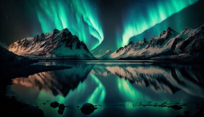Fototapeta na wymiar Stunning Night Sky with Aurora Borealis and Mountain Reflection, Generative ai
