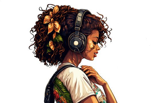 Lofi style. Beautiful Cuban girl listening to hip hop music with headphones and closed eyes. Anime. Cartoon. Manga. Relaxing chill atmosphere. Positive vibes. Profile picture illustration. 