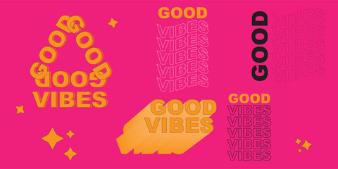 Fun hippie 70's style set. Funny cartoon lettering.Set of stickers in a trendy retro psychedelic cartoon style. Isolated vector illustration. Good vibe.