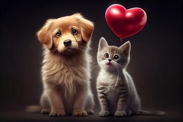 Fototapeta na wymiar Cute Puppy Dog And Kitten With A Love Heart Balloon. Valentines Day Concept. Generative AI