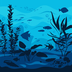 Vector ocean world. Deep seascape with seaweeds, fish and corals. Aquatic ecosystem. Blue background. Illustration of undersea bottom.
