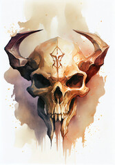 A watercolor drawing of a demon skull