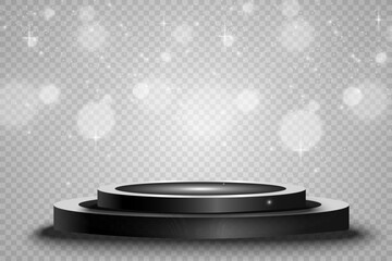 Podium, pedestal or platform, illuminated by spotlights in the background. Vector illustration. Bright light. Light from above. Advertising place
