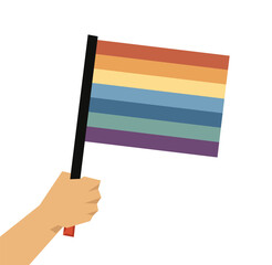 Fototapeta premium Hand of activist holding rainbow flag vector illustration. Cartoon drawing of hand of person with symbol of LGBTQ or peace on white background. Freedom, community, LGBT, activism concept