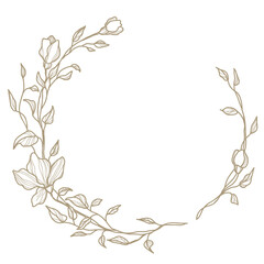 Elegant circle floral frame. Hand drawn logo template in line art with flowers. Vintage botanical wreath. Illustration for labels, branding business identity, wedding invitation