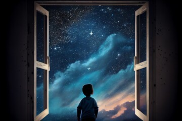 A Kid Watching Out At Big Window Open To Galaxy Sky, Midnight Time, Idea For Imagination And Dream Concept. Generative AI