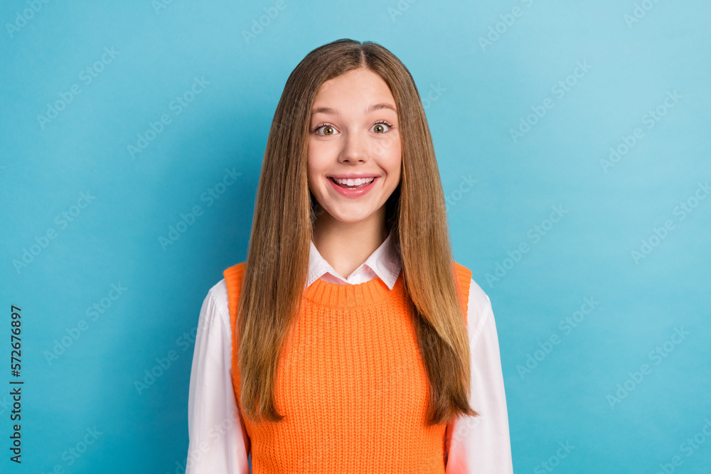 Poster photo of young astonished surprised teenage girl blonde hair excited good news reaction wear school 