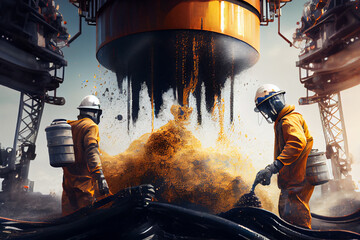 Fantasy on the elimination of oil emissions at a mining enterprise. Workers in uniform close the escaped oil, block the well. Environment protection.