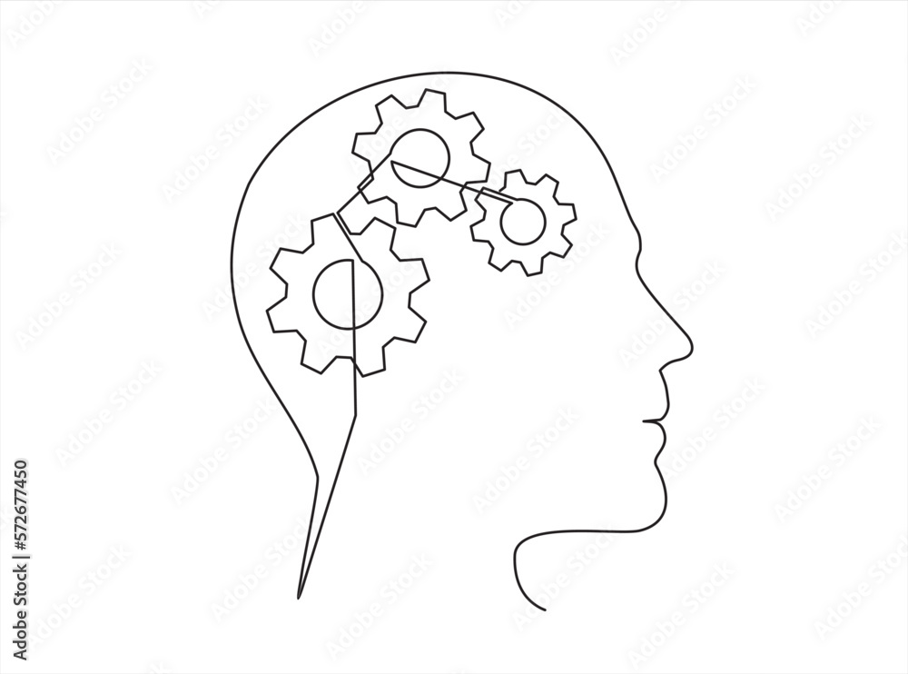 Poster head of a man with gears inside, drawn in one line on a white background. one-line drawing. continuo