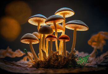 small mushrooms macro / nature forest, strong growth of poisonous mushrooms mold, porcini fungi, glow, grow on the bark of a tree, on a wooden podium, home cultivation of Fungus, milk cap, AI