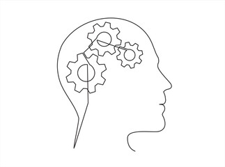 Head of a man with gears inside, drawn in one line on a white background. One-line drawing. Continuous line. Vector
