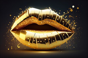 Golden Lips, Lipstick, Shiny Letters. Stock Illustration Cosmetic Advertising. Generative AI - obrazy, fototapety, plakaty