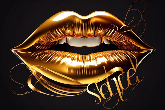Golden Lips, Lipstick, Shiny Letters. Stock Illustration Cosmetic Advertising. Generative AI