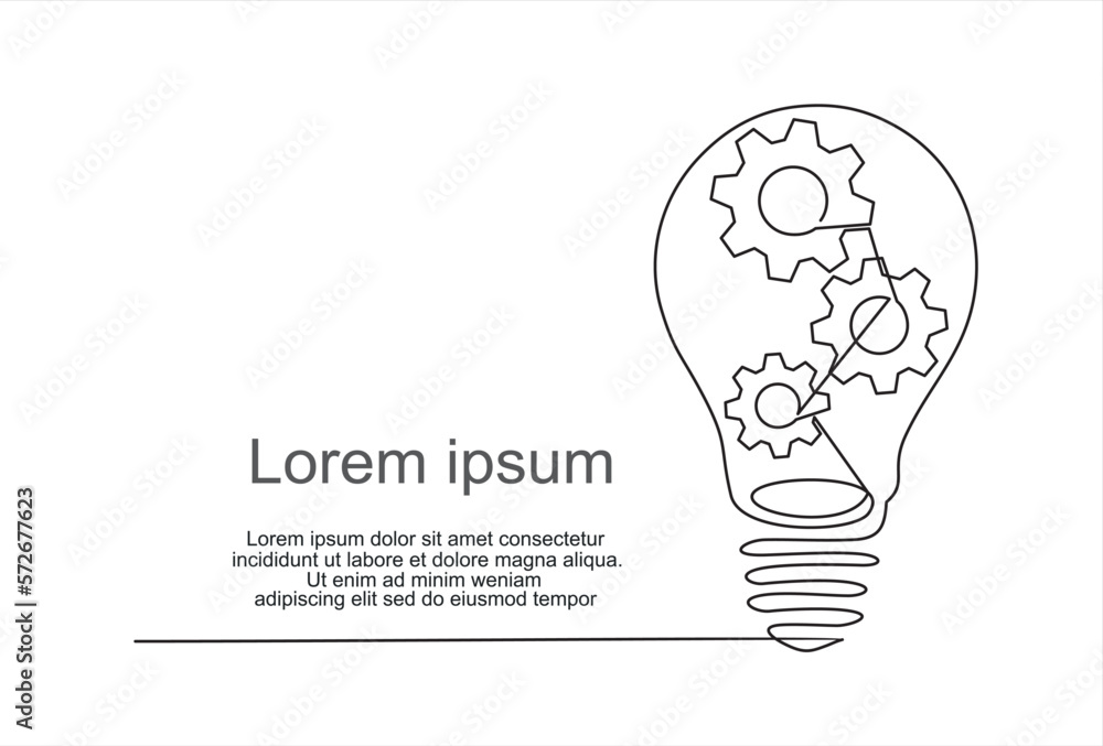 Poster continuous one single line drawing innovation light bulb and gears inside icon vector illustration c
