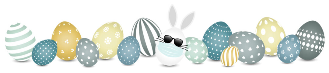 Weißes Hasenei Maske Sonnenbrille Und Ostereier Muster Banner Senf Petrol Grau Und Weiß