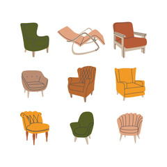 Set of various trendy colorful armchairs. Soft furniture collection for interior design and decoration. Hand drawn vector illustration isolated on white background