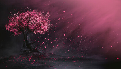 Fantasy night landscape, big blossoming sakura tree with magic bright pink neon petals. © MiaStendal