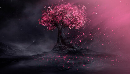 Fantasy night landscape, big blossoming sakura tree with magic bright pink neon petals. © MiaStendal
