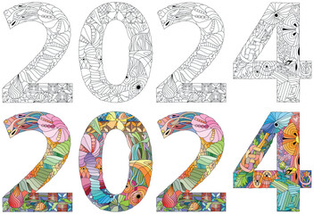 2024 number design. Cute vector Illustration for coloring. Color and outline set