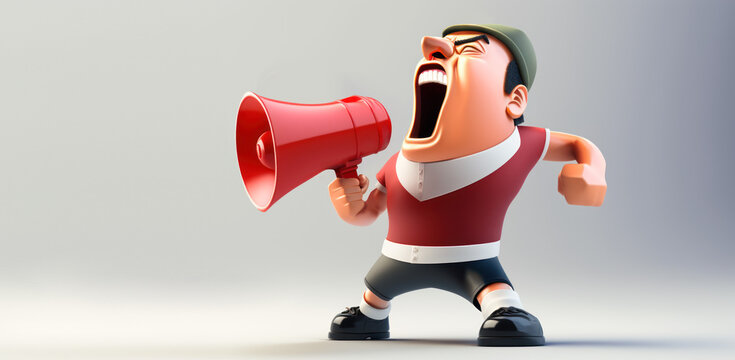 Personnage parlant avec un m&eacute;gaphone, fond neutre, cartoon
