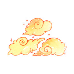 Three watercolor magic golden clouds with decor and stars isolated on white background. Illustration for astrological blogs, prints, label, tags, fabric for children.