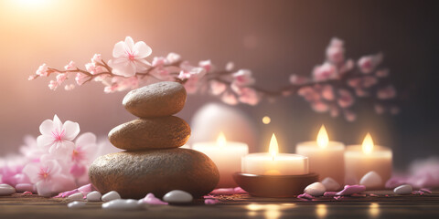 Plakat Concept Feng Shui. Zen spa relaxation. Ambiance salon de beauté et de massage. Bannière avec fleurs de cerisier sakura, bougies et pierres empilées. Atmosphère calme et reposante. Generative AI