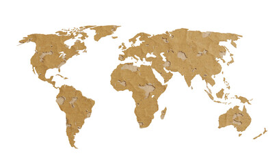 Cardboard world map isolated on transparent white background