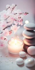 Fototapeta na wymiar Concept Feng Shui. Zen spa relaxation. Ambiance salon de beauté et de massage. Bannière avec fleurs de cerisier sakura, bougies et pierres empilées. Atmosphère calme et reposante. Generative AI